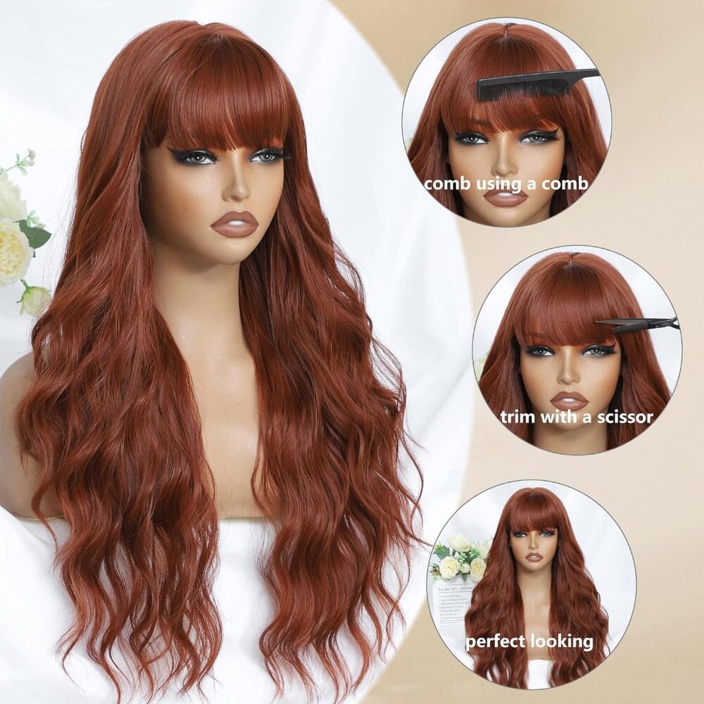 Auburn Wig with Bangs for Women Long Wavy Wigs 26 Inch Auburn Wigs Natural Looki - Picture 5 of 6